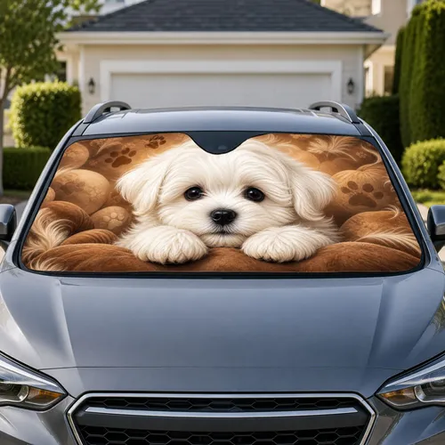 Fluffy White Maltese Puppy Close Up Cozy Taupe Decor For Dog Lovers Commute Joy Gift Car Sunshade