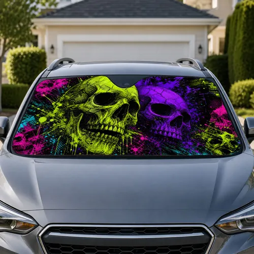 Neon Toxic Skull Duo With Grunge Splatter For Gothic Punk Horror Street Style Fans Car Sunshade