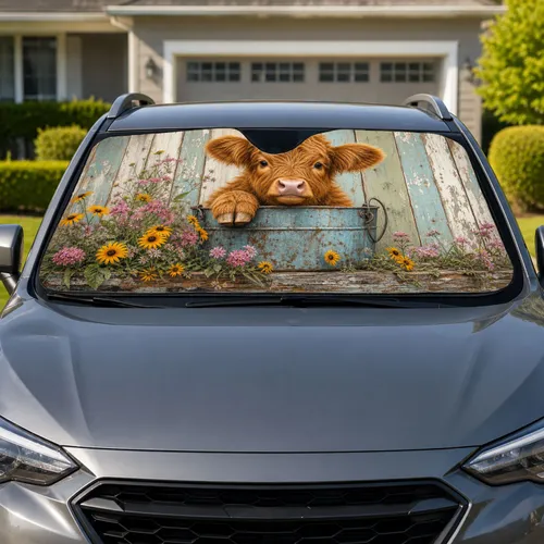 Highland Calf In Blue Bucket With Farmhouse Wildflowers For Rustic Country Decor Car Sunshade