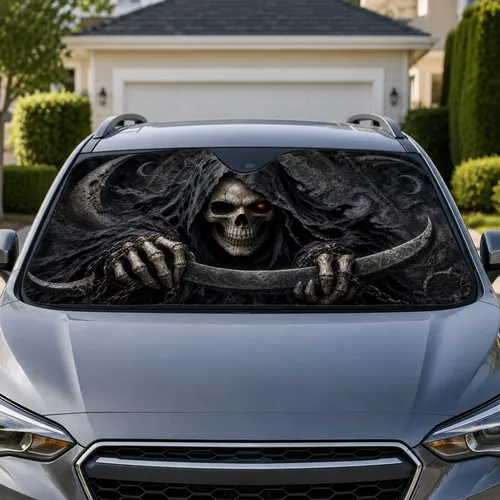 Grim Reaper Skull With Ember Eye Dark Gothic Horror Decor For Metal Fans And Bikers Car Sunshade