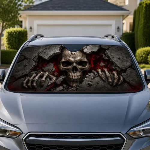 Skull Breaking Concrete Wall Horror Decor For Gothic Metal Fans And Dark Ride Lovers Car Sunshade