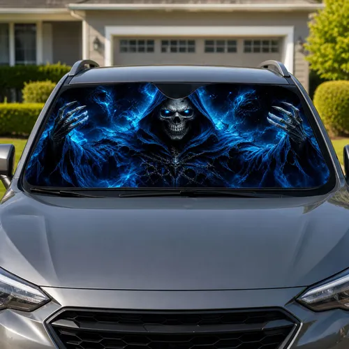 Blue Skull Reaper In Hooded Cloak For Gothic Horror Fans And Dark Fantasy Drivers Car Sunshade