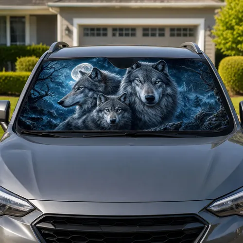 Moonlit Gray Wolf Family With Full Moon Wilderness Decor For Cabin And Outdoor Fans Car Sunshade