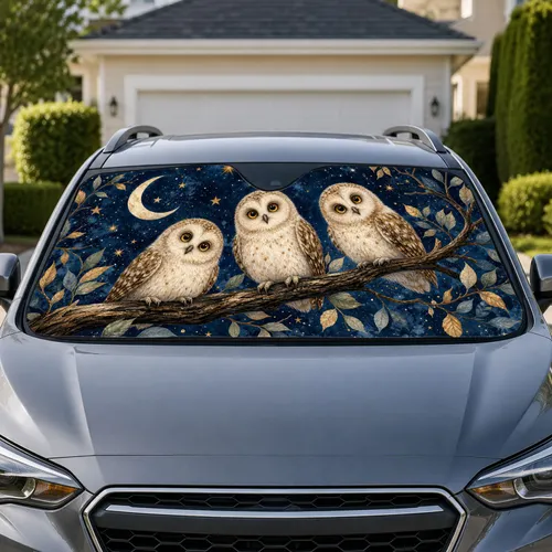 Midnight Owl Trio With Crescent Moon And Gold Stars For Cozy Night Travel Decor Fans Car Sunshade