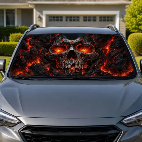 Molten Lava Horror Skull With Cracked Basalt Flames For Dark Fantasy Gothic Metal Fans Car Sunshade