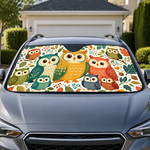 Whimsical Owl Gathering With Autumn Leaves For Cozy Fall Decor And Nature Lovers Car Sunshade