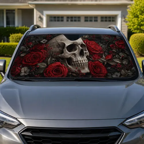 Weathered Skull With Crimson Roses Gothic Halloween Decor For Dark Fantasy Lovers Car Sunshade