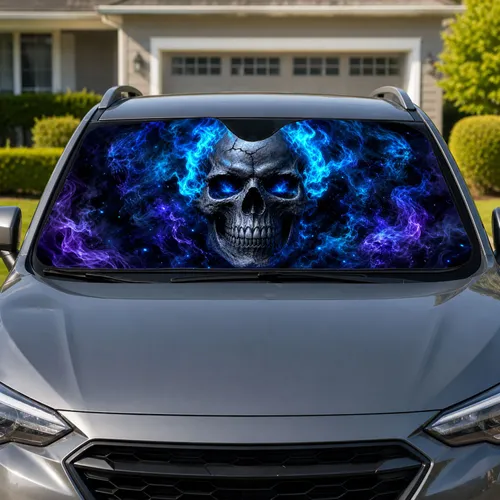 Blue Flame Skull Dark Fantasy Gothic Decor For Rock Rebel Horror Fans And Metalheads Car Sunshade