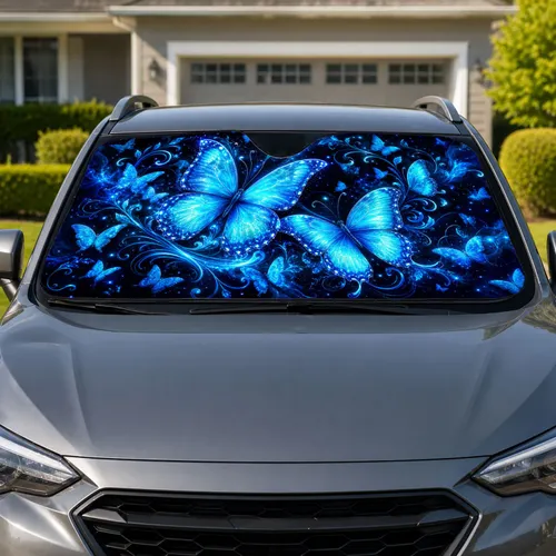 Glowing Aqua Butterfly Fantasy With Midnight Blue Vines For Dreamy Night Drive Lovers Car Sunshade