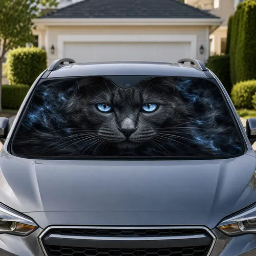 Dark Charcoal Cat Face With Icy Blue Eyes Moody Gothic Pet Lover Travel Accessory Car Sunshade