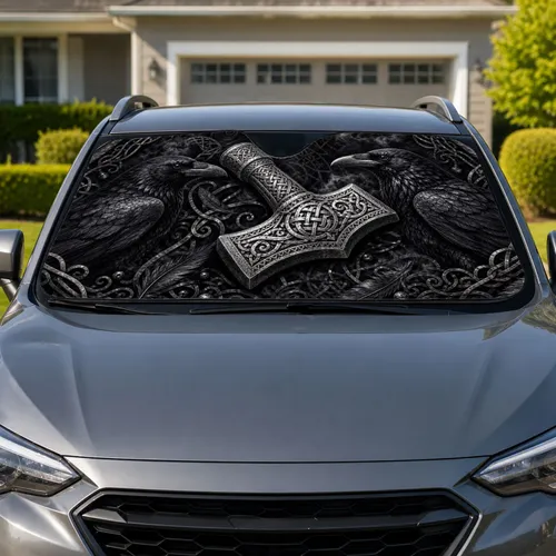 Norse Mjolnir And Twin Ravens Gothic Metalwork Decor For Viking Mythology Fans Gift Car Sunshade