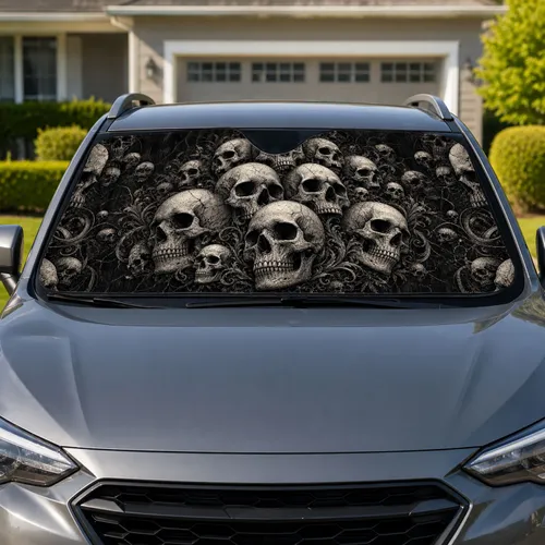 Gothic Skull Collage With Charcoal Bone Detail For Dark Aesthetic Road Trips By Metal Fans Car Sunshade