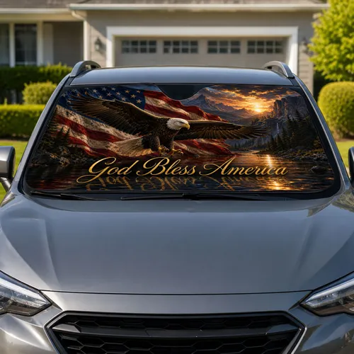 Bald Eagle American Flag Mountain River Dusk Patriotic Decor For Veterans And Road Trips Car Sunshade