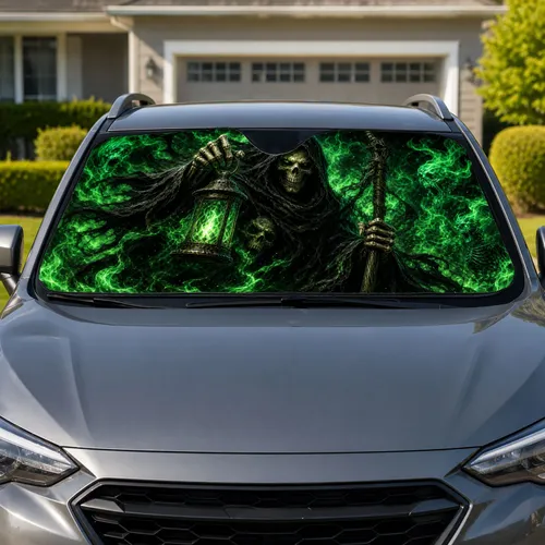 Green Flame Grim Reaper Dark Fantasy Gothic Horror Decor For Occult Lifestyle Fans Car Sunshade