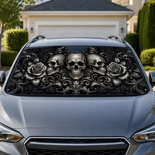 Gothic Silver Skull Trio With Roses And Baroque Filigree For Dark Metal Decor Fans Car Sunshade