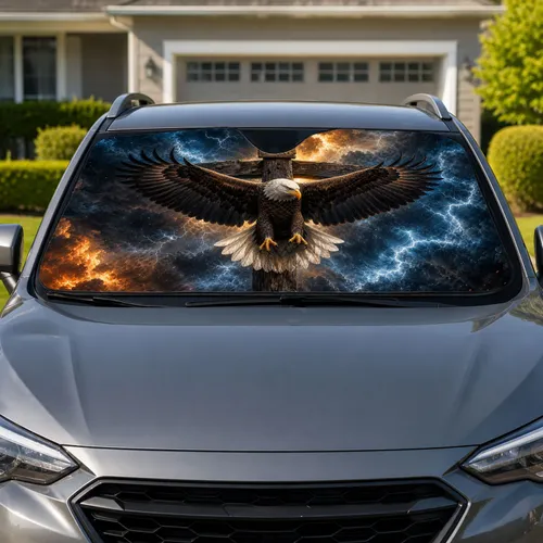 Bald Eagle With Wooden Cross Storm Lightning Patriotic Christian Gift For Drivers Car Sunshade