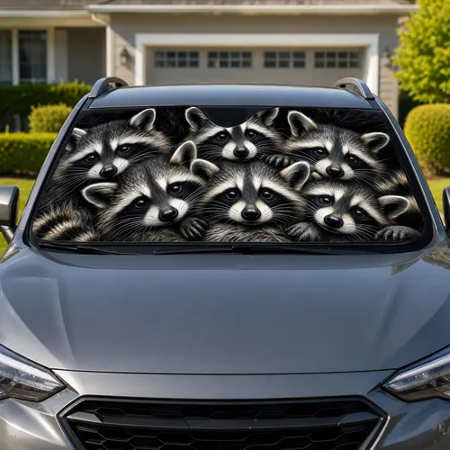 Realistic Raccoon Family Portrait For Wildlife Lovers And Cozy Cabin Nature Decor Car Sunshade