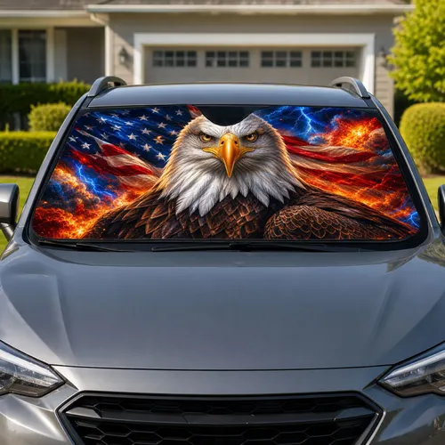 Realistic Bald Eagle With American Flag Flames And Lightning For Patriotic Drivers Car Sunshade