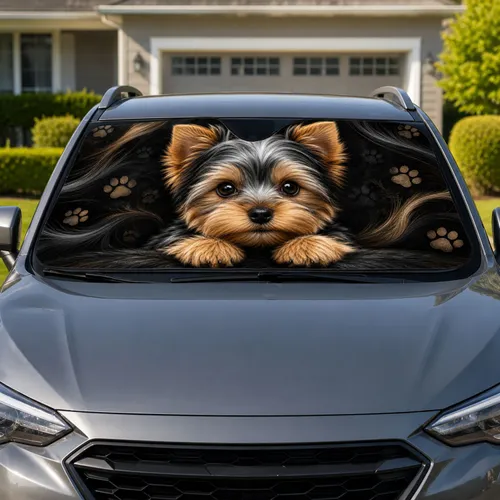 Cute Yorkshire Terrier Puppy With Paw Accents For Pet Lover Road Trip Style Decor Car Sunshade