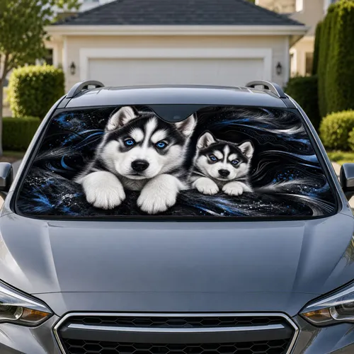 Cute Siberian Husky Puppies With Blue Eyes For Road Trips And Dog Lover Travel Style Car Sunshade