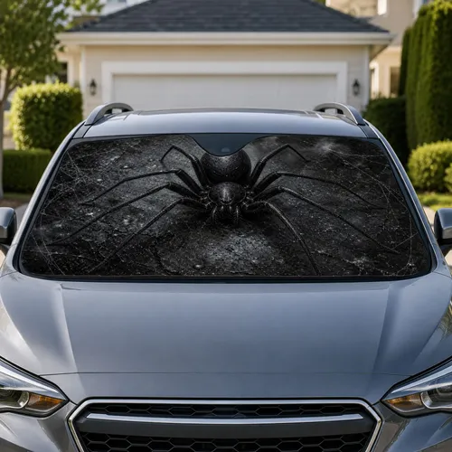 Realistic Black Spider On Dark Charcoal Wet Metal For Gothic Halloween Road Style Car Sunshade