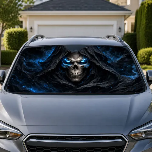 Blue Eyed Grim Reaper Skull With Dark Hood For Gothic Horror And Dark Fantasy Fans Car Sunshade