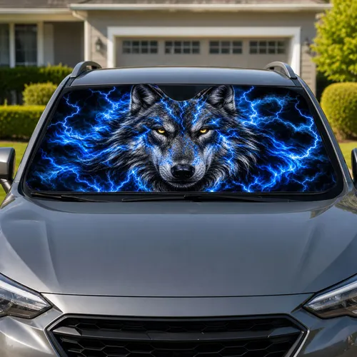 Electric Blue Lightning Gray Wolf Head Storm Fantasy Wildlife Decor For SUV Owners Car Sunshade