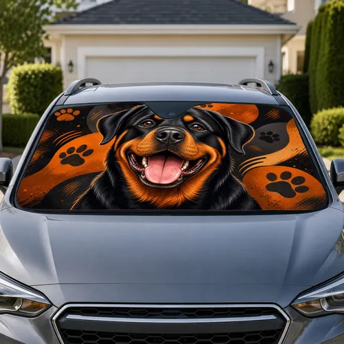 Laughing Rottweiler Portrait With Orange Paw Accents For Dog Lovers And Pet Owners Car Sunshade