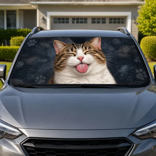 Playful Tabby Cat Sticking Out Tongue With Paw Fishbone Yarn Accents For Pet Lovers Car Sunshade