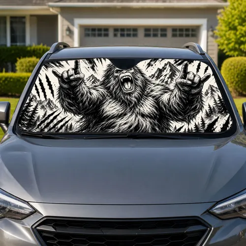 Roaring Sasquatch Rocker With Rock Hands For Bigfoot Fans And Metal Music Lovers Car Sunshade