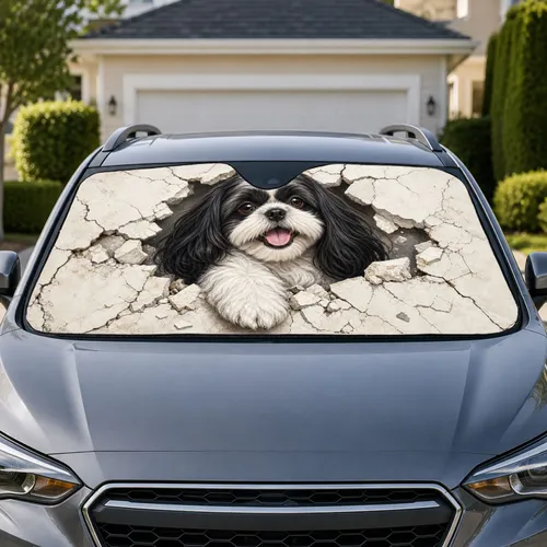 Cute Shih Tzu Puppy Breaking Through Cracked Plaster For Dog Lovers Daily Road Trips Car Sunshade