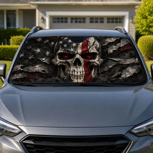 Menacing Patriotic Skull With Distressed Stars And Stripes For Veteran Biker Style Car Sunshade