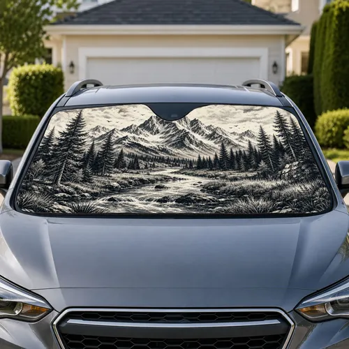 Black And White Alpine River Mountain Scene For Outdoor Adventure Cabin Nature Lovers Car Sunshade