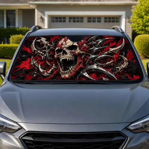 Gothic Screaming Skull With Crimson Flames For Halloween Horror Fans And Metalheads Car Sunshade