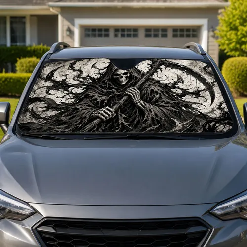 Gothic Grim Reaper Skull With Scythe Dark Occult Decor For Metal Horror Fans And Bikers Car Sunshade