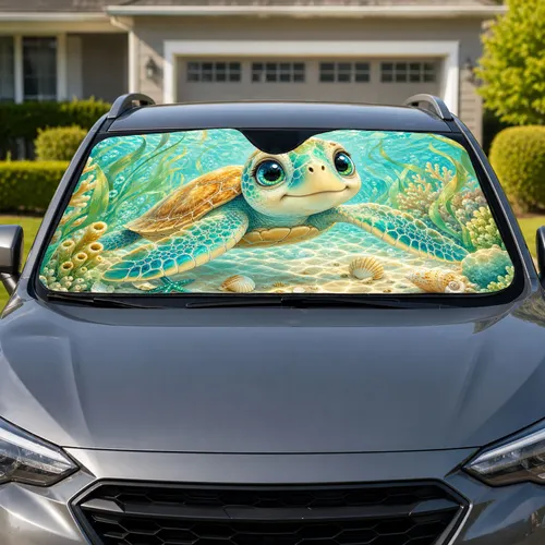 Cute Sea Turtle In Aqua Lagoon For Ocean Lovers And Tropical Beach Road Trips Decor Car Sunshade