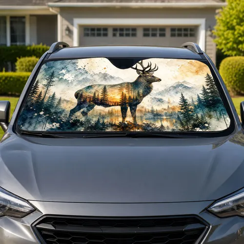 Majestic Stag Watercolor Forest Scene For Woodland Cabin Decor And Nature Lovers Car Sunshade