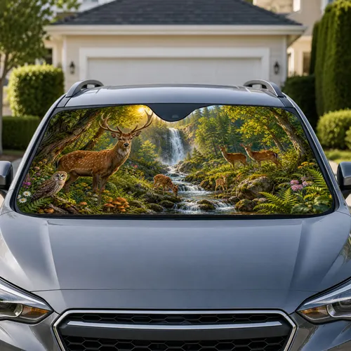 Enchanted Forest Deer Stream Waterfall Wildlife Scene For Nature Lovers Decor Gift Car Sunshade
