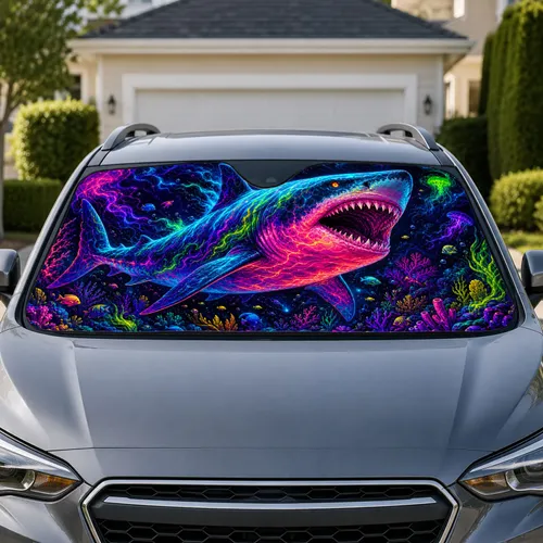Psychedelic Neon Deep Sea Shark With Glowing Reef Details For Ocean Adventure Lovers Car Sunshade