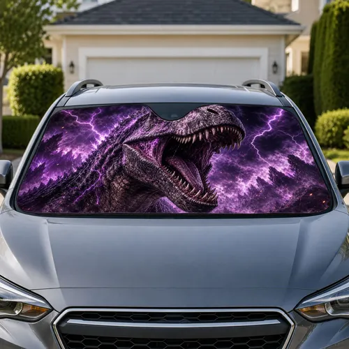 Roaring T Rex Dinosaur With Purple Lightning Storm For Gothic Dino Fans And Road Trips Car Sunshade