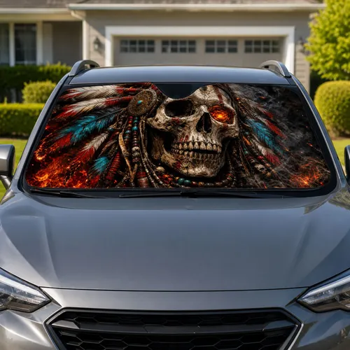 Fiery Weathered Skull With Feather Headdress For Dark Gothic Road Trip Decor Lovers Car Sunshade