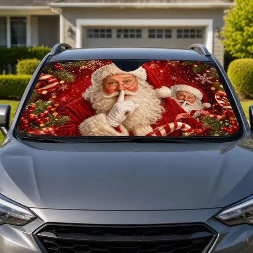 Shushing Santa With Snowflakes And Holly For Festive Christmas Holiday Decor Lovers Car Sunshade