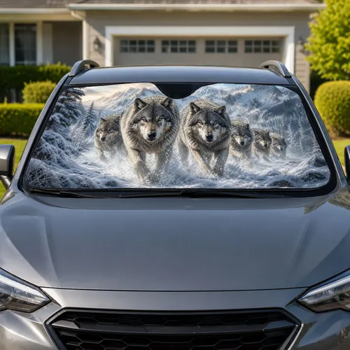 Gray Wolf Pack Snowy Mountain Wilderness Winter Adventure Decor For Nature Lovers Car Sunshade