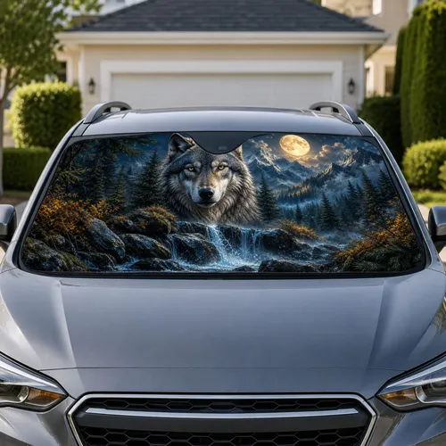 Majestic Gray Wolf Moonlit Forest Scene For Wilderness Road Trips And Nature Fans Car Sunshade
