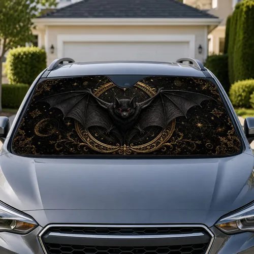 Gothic Black Bat Ruby Eyes Antique Gold Frame Celestial Decor For Dark Fantasy Fans Car Sunshade