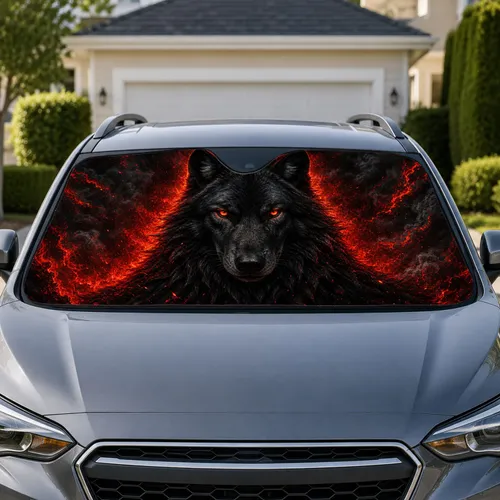 Fierce Black Wolf With Ember Flames For Dark Gothic Road Trips And Outdoor Fans Everywhere Car Sunshade