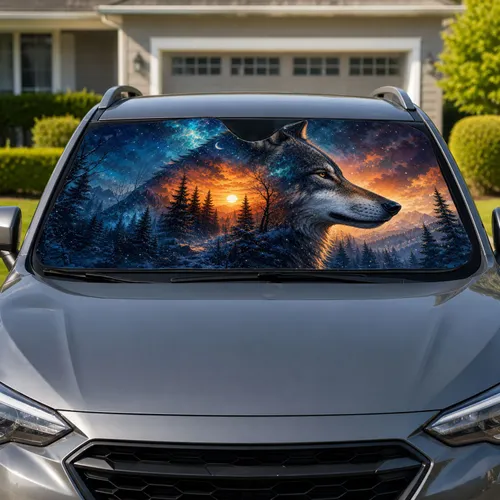 Wolf Forest Double Exposure Twilight Wilderness Decor For Outdoor Adventure Lovers Car Sunshade