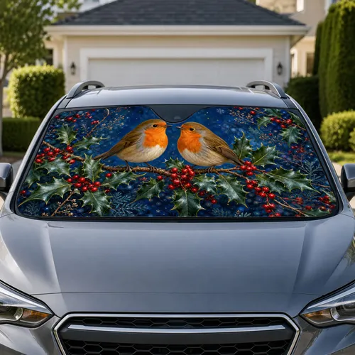 Realistic Robin Pair With Holly Berries For Winter Holiday Decor And Bird Lovers Car Sunshade