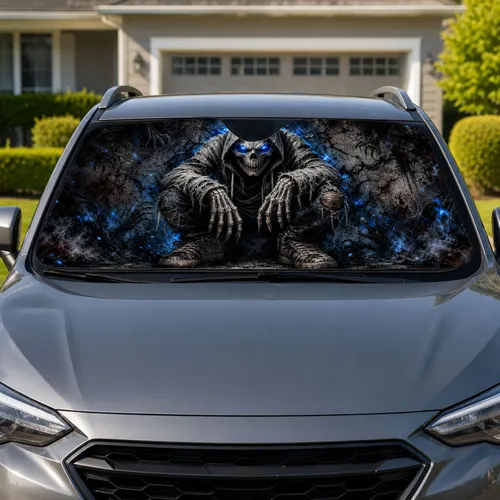 Hooded Skull Phantom With Blue Glowing Eyes Dark Graffiti Horror Street Style Decor Car Sunshade