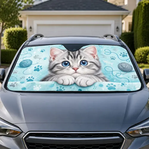 Blue Eyed Tabby Kitten With Paw Marks And Aqua Decor For Cat Lover Road Trip Style Car Sunshade